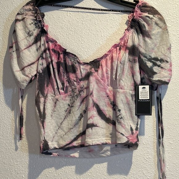 Volcom Women's MEDIUM Crop Top Pink Black White Tiedoll Wave Tie Dye - Picture 1 of 6